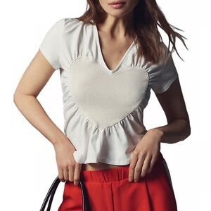 Maeve Heart Embellished V-Neck T-Shirt, Small, White Cream